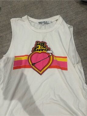 Pam & Gela White Tank with Pink Heart and Multi-Color Stripes